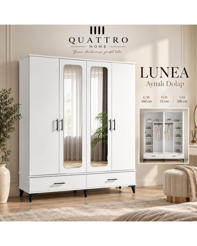 Lunea 4 Kapaklı Aynalı 2 Çekmeceli Gardırop-Genişlik: 160 cm Derinlik: 52 cm Yükseklik: 200 cm