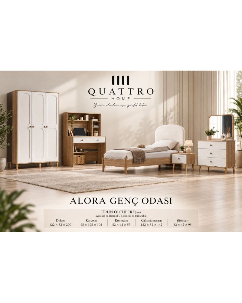Alora Genç Odası Takımı-Dolap: 122 × 52 × 200 cm Karyola: 95 × 195 × 105 cm Komodin: 52 × 42 × 53 cm Çalışma Masası: 152 × 52 × 142 cm Şifonyer: 82 × 42 × 95 cm