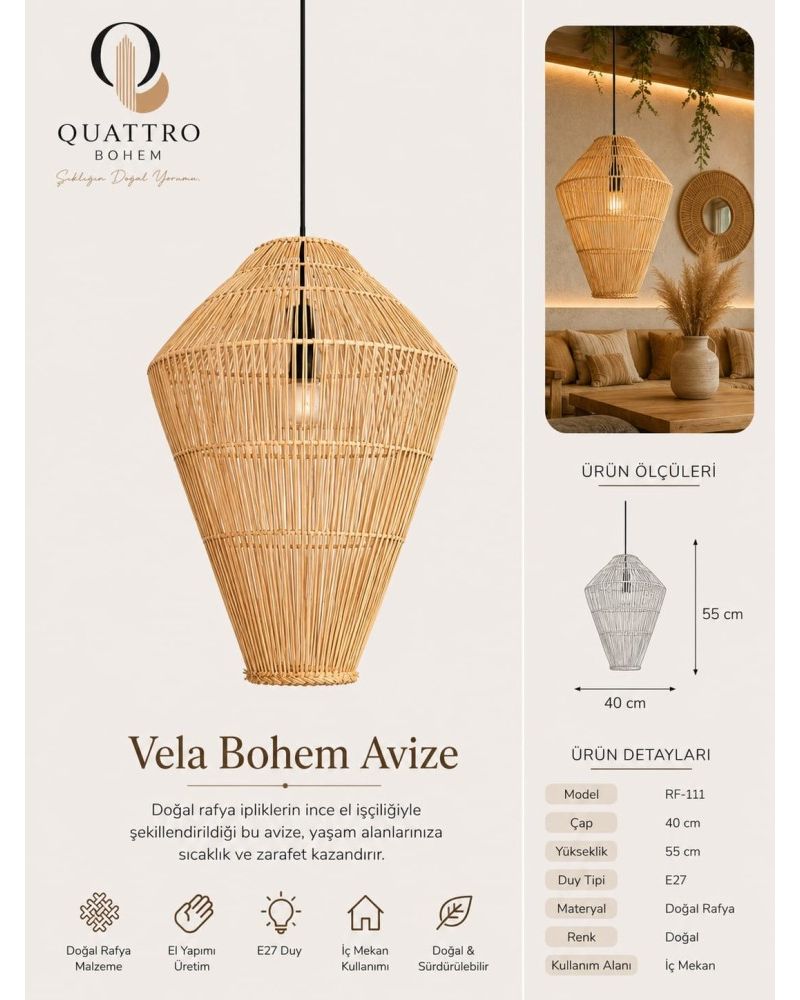 Vela Bohem Avize 40x55 cm El Yapımı Doğal Rafya Sarkıt Avize Dekoratif Tavan Lambası