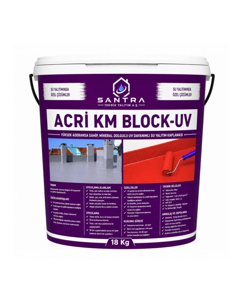 Acri KM Block-UV Elyaflı Akrilik Elastik Polimer Esaslı Renkli Su Yalıtım Kaplaması