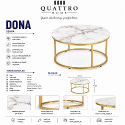Quattro Home Dona Mermer Desenli Gold Metal Orta Sehpa