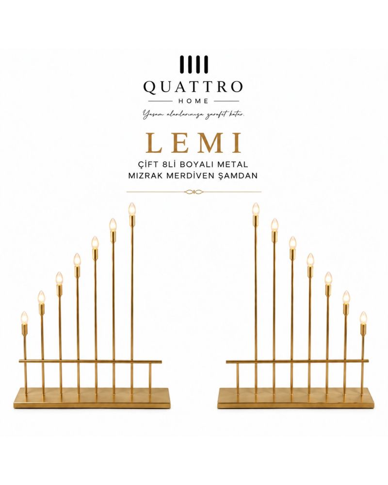 Quattro Home Lemi Çift 8’li Mızrak Merdiven Şamdan Gold Metal Dekoratif Şamdan Seti