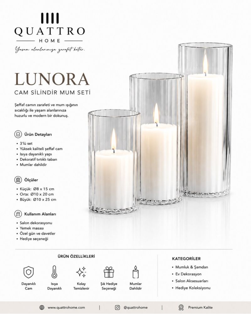 Quattro Home Lunora 3’lü Cam Silindir Mumluk Seti Mum Dahil