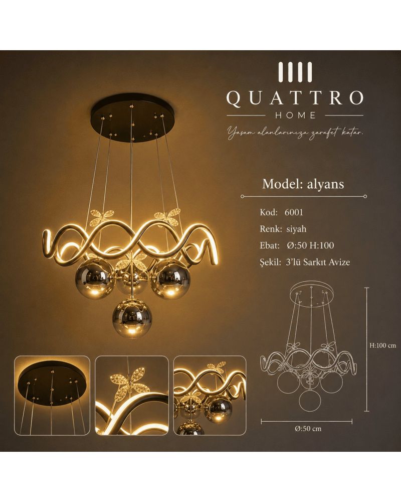 Alyans Kristal Çiçek Detaylı Modern LED Sarkıt Avize