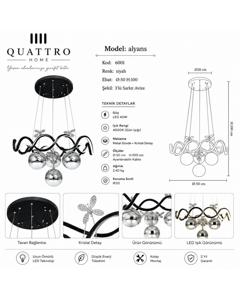 Alyans Kristal Çiçek Detaylı Modern LED Sarkıt Avize