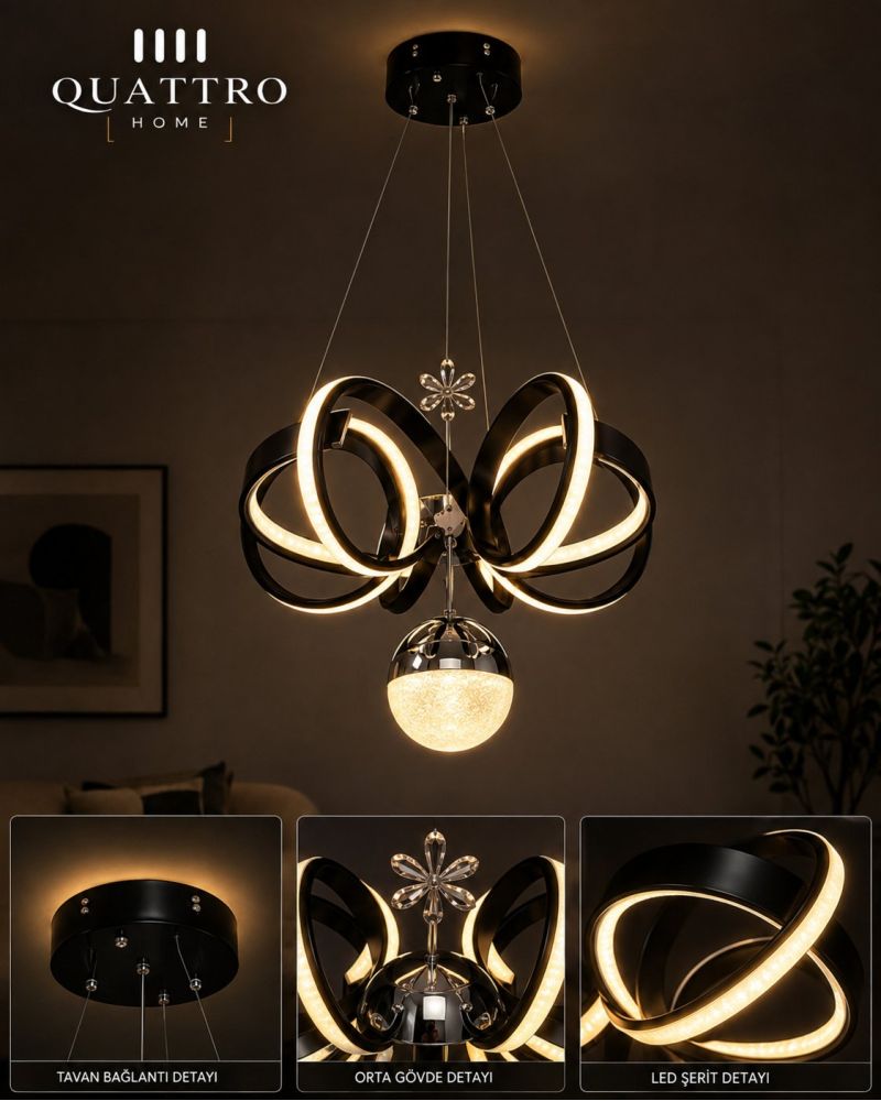 Alyans Kristal Çiçek Detaylı Modern LED Sarkıt Avize