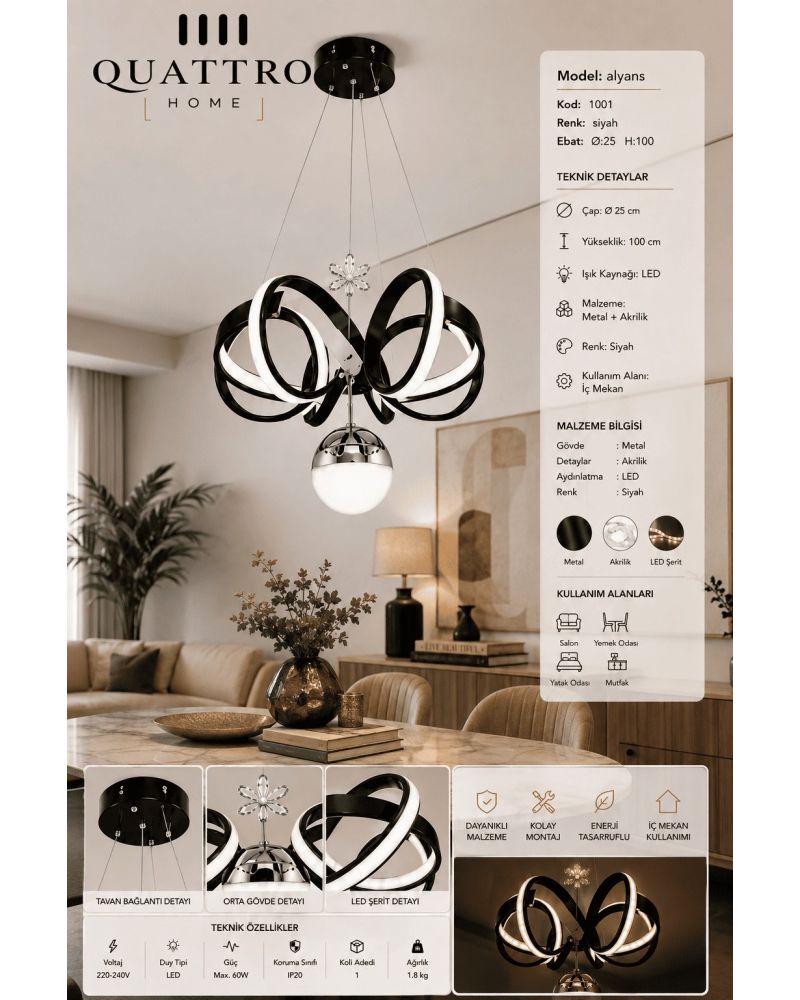 Alyans Kristal Çiçek Detaylı Modern LED Sarkıt Avize