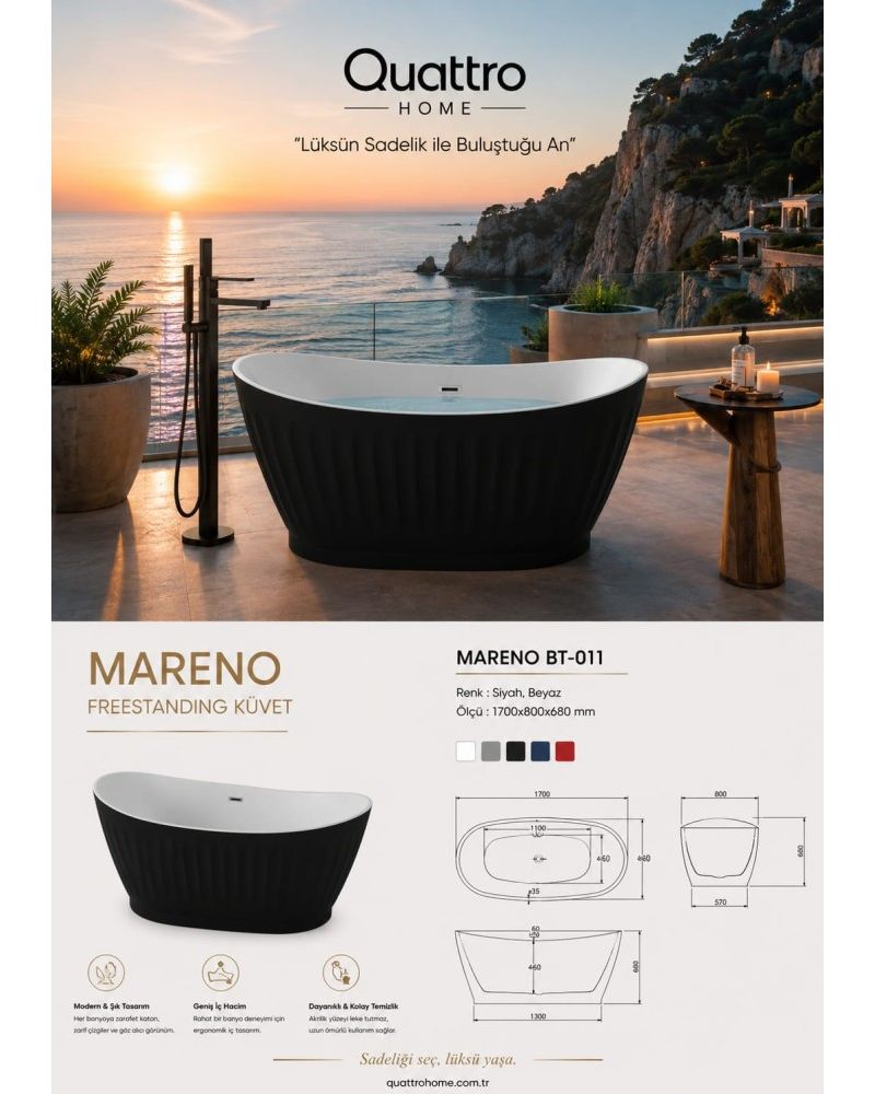 Mareno BT-011 Freestanding Küvet 170x80 cm Siyah Beyaz Akrilik Bağımsız Küvet