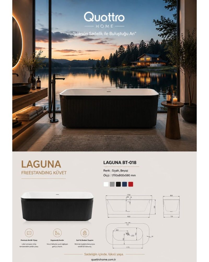 Laguna BT-018 Freestanding Küvet 170x80 cm Siyah Beyaz Akrilik Bağımsız Küvet