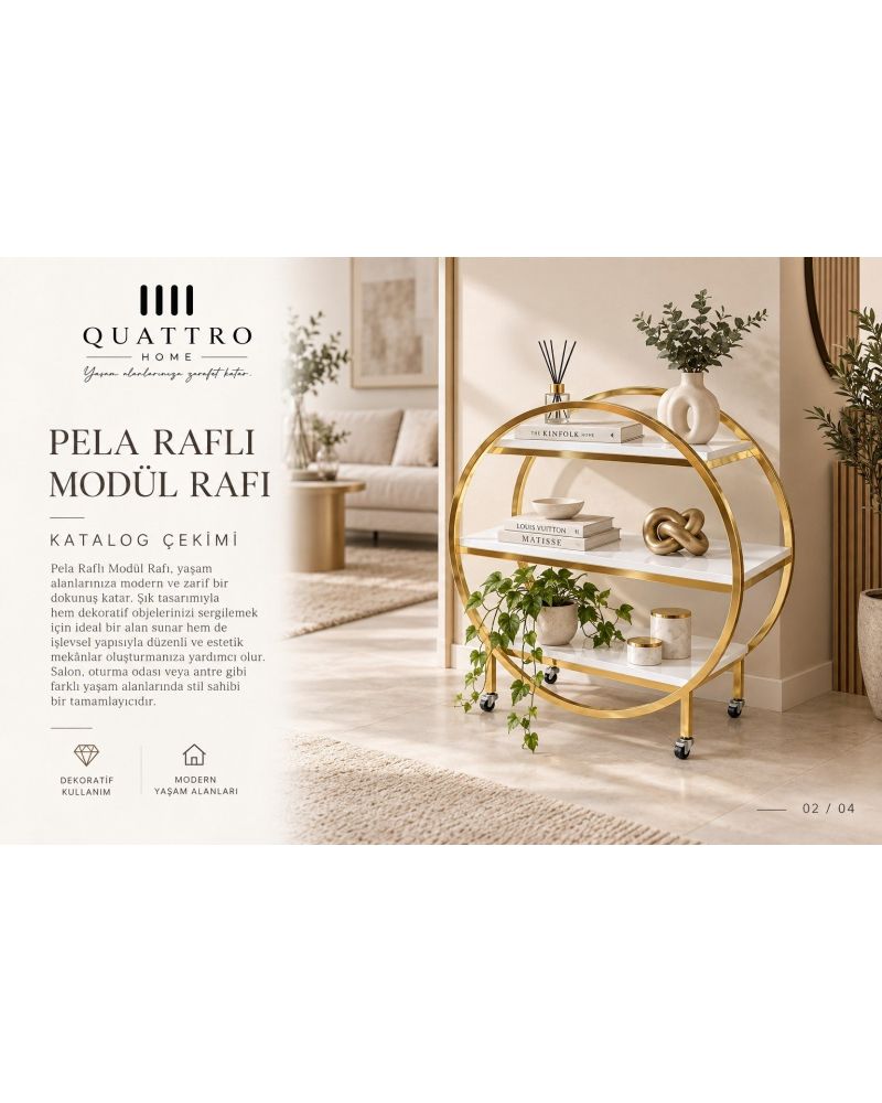 Pela Raflı Modül Rafı – Gold Metal Gövdeli Tekerlekli 3 Katlı Dekoratif Raf