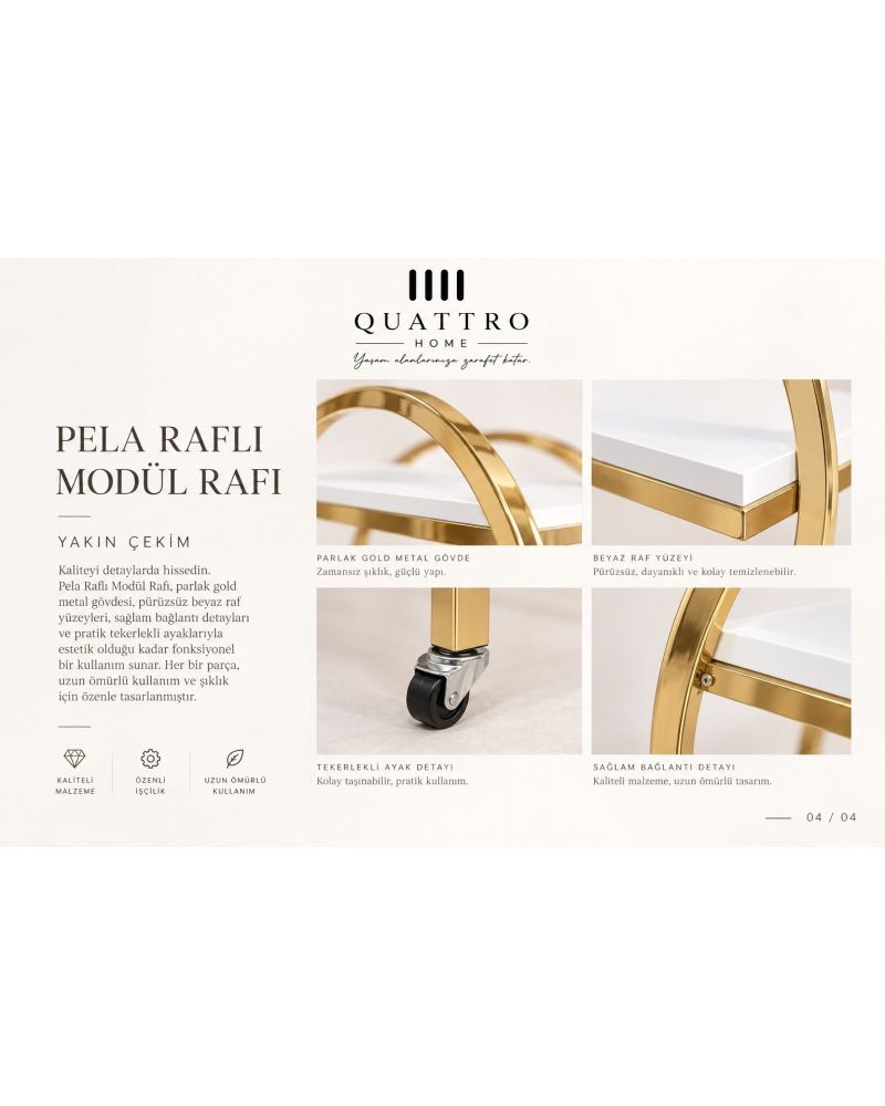 Pela Raflı Modül Rafı – Gold Metal Gövdeli Tekerlekli 3 Katlı Dekoratif Raf