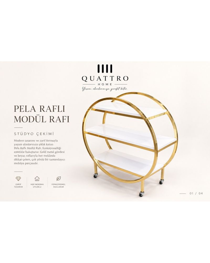 Pela Raflı Modül Rafı – Gold Metal Gövdeli Tekerlekli 3 Katlı Dekoratif Raf