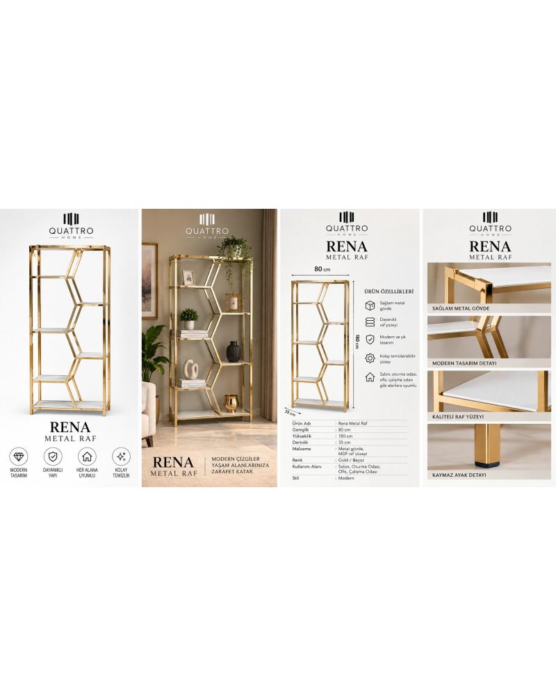 Rena Metal Raf – Gold Gövdeli 5 Katlı Dekoratif Raf Ünitesi