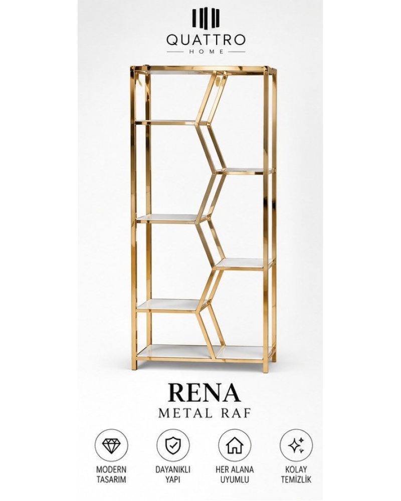 Rena Metal Raf – Gold Gövdeli 5 Katlı Dekoratif Raf Ünitesi