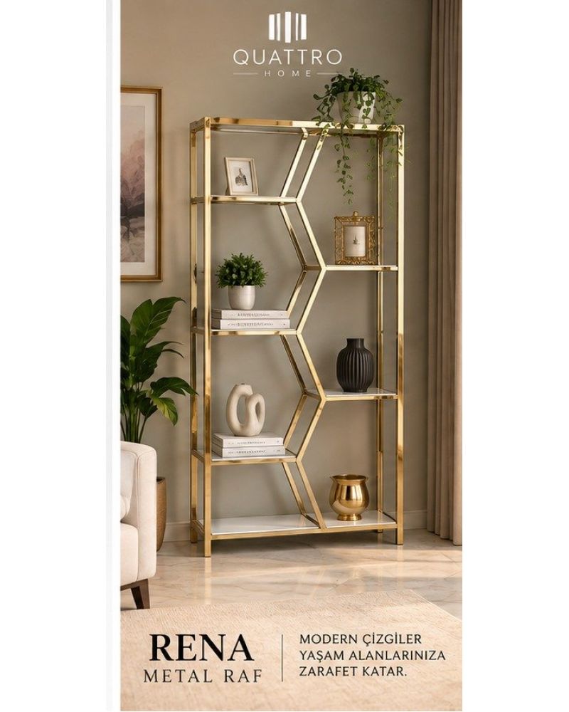 Rena Metal Raf – Gold Gövdeli 5 Katlı Dekoratif Raf Ünitesi