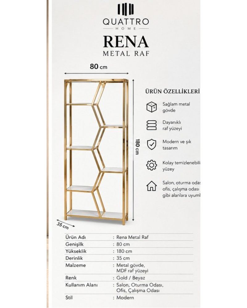 Rena Metal Raf – Gold Gövdeli 5 Katlı Dekoratif Raf Ünitesi