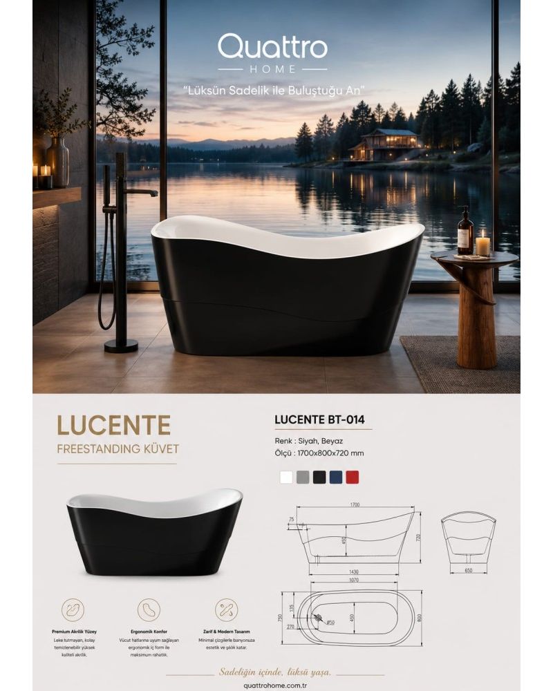 Lucente BT-014 Freestanding Küvet 170x80 cm Siyah Beyaz Akrilik Bağımsız Küvet