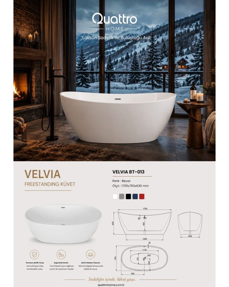 Velvia BT-013 Freestanding Küvet 170x75 cm Modern Akrilik Bağımsız Küvet