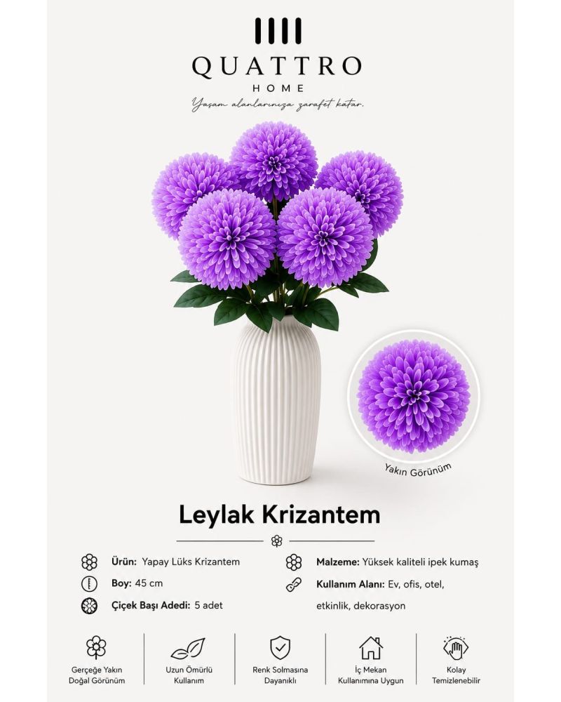 Mavi Yapay Krizantem Demeti 45 cm – 5 Çiçek Başlı Dekoratif Çiçek