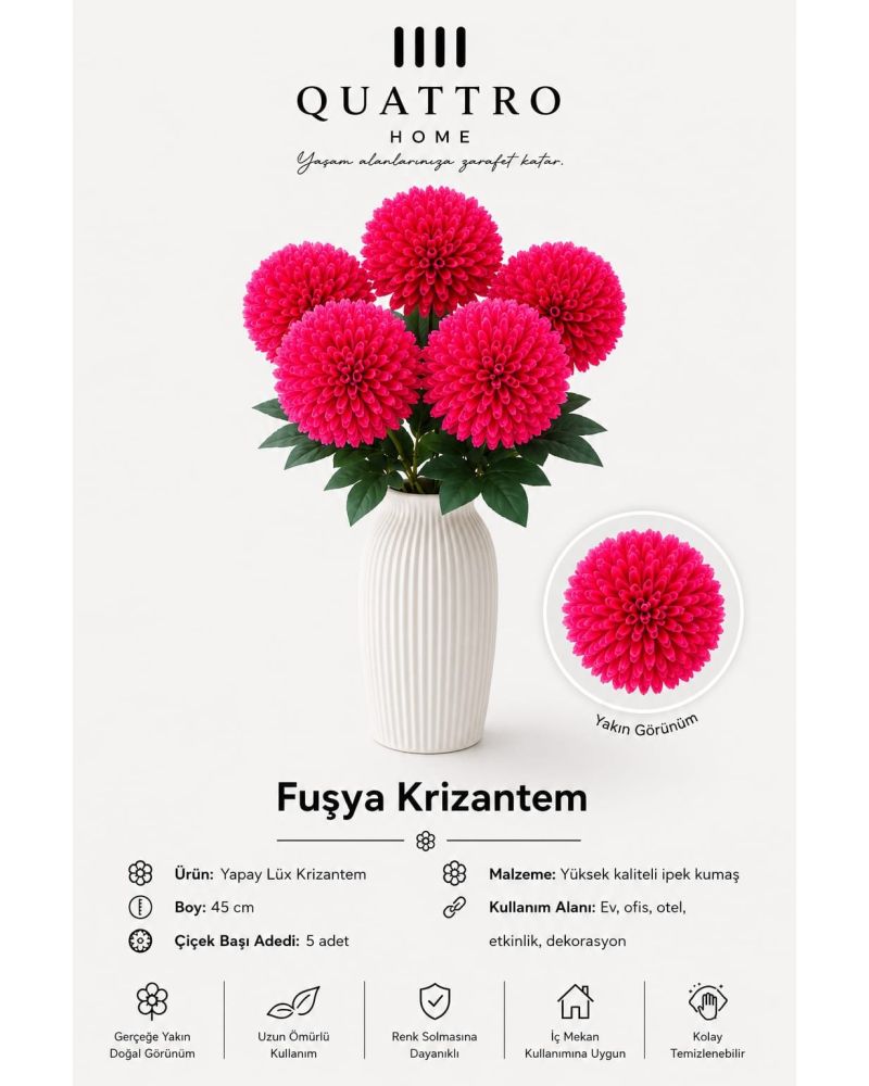 Mavi Yapay Krizantem Demeti 45 cm – 5 Çiçek Başlı Dekoratif Çiçek