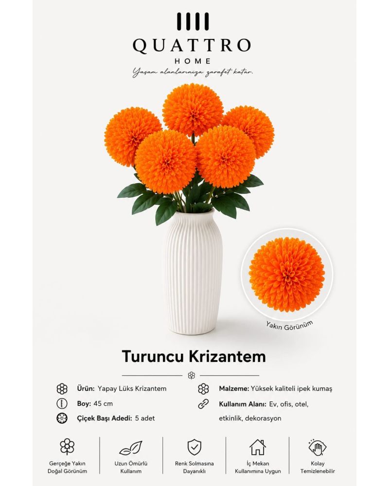Mavi Yapay Krizantem Demeti 45 cm – 5 Çiçek Başlı Dekoratif Çiçek