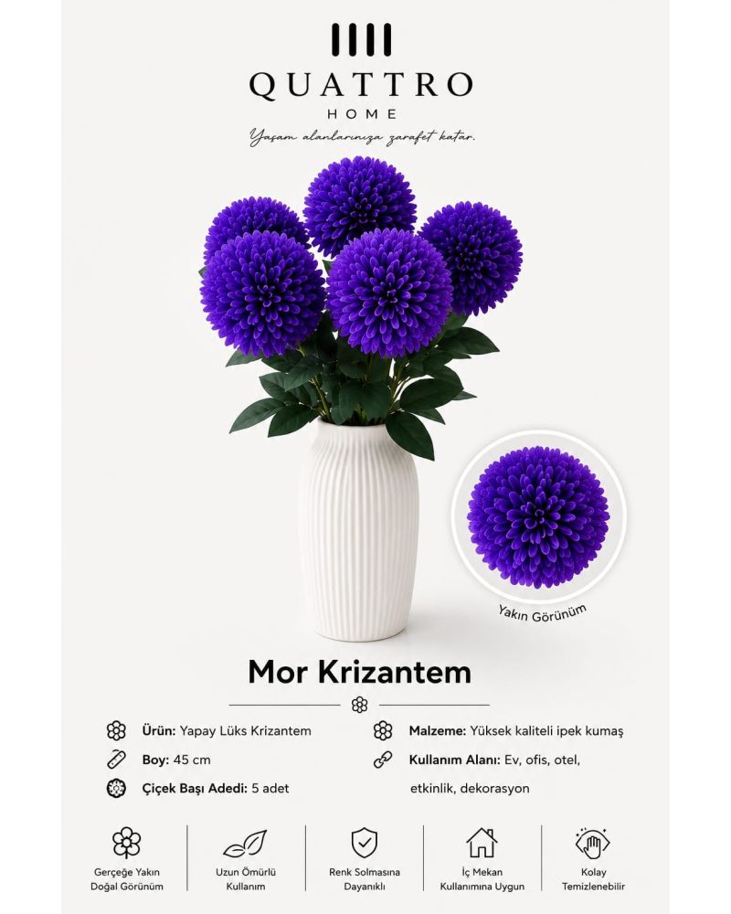 Mavi Yapay Krizantem Demeti 45 cm – 5 Çiçek Başlı Dekoratif Çiçek