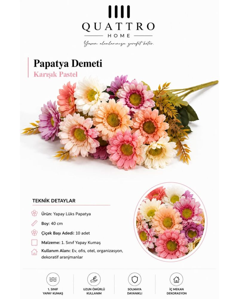 Karışık Pastel Yapay Papatya Demeti 40 cm – 10 Çiçek Başlı Dekoratif Çiçek