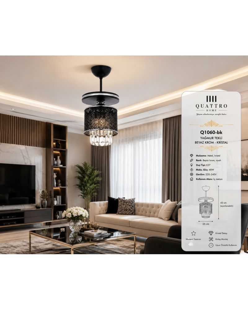 Yağmur Tekli Kristal Detaylı Modern Sarkıt Avize