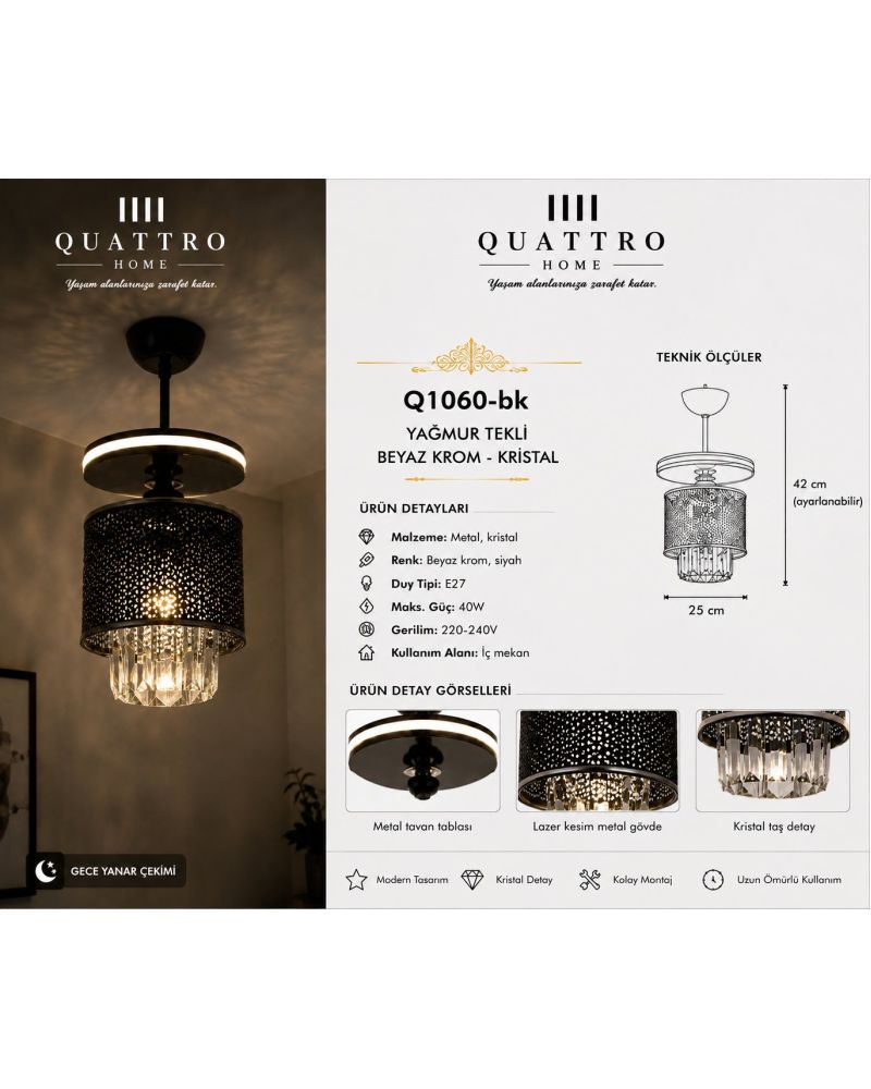 Yağmur Tekli Kristal Detaylı Modern Sarkıt Avize