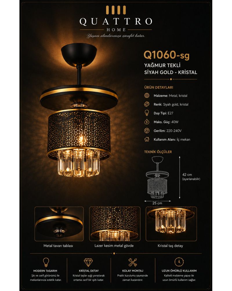 Yağmur Siyah Gold Kristal Avize