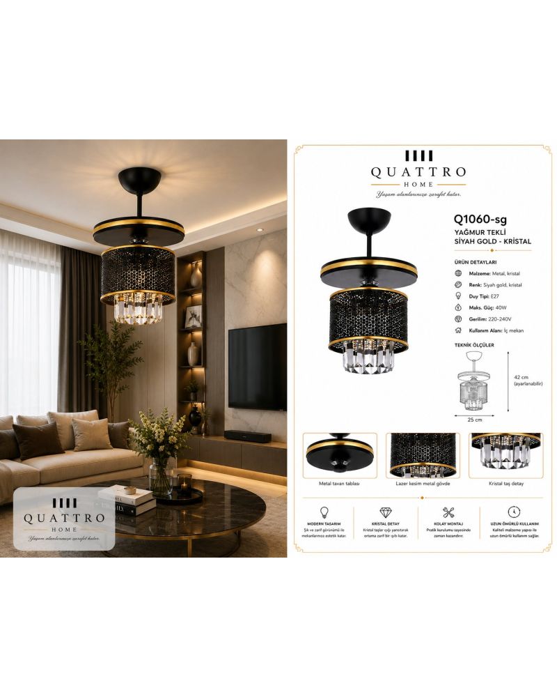 Yağmur Siyah Gold Kristal Avize
