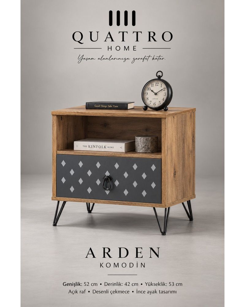 Arden Genç Odası Takımı-Dolap: 160 × 52 × 200 cm Karyola: 95 × 195 × 105 cm Komodin: 52 × 42 × 53 cm Çalışma Masası: 110 × 60 × 132 cm Şifonyer: 82 × 42 × 93,5 cm
