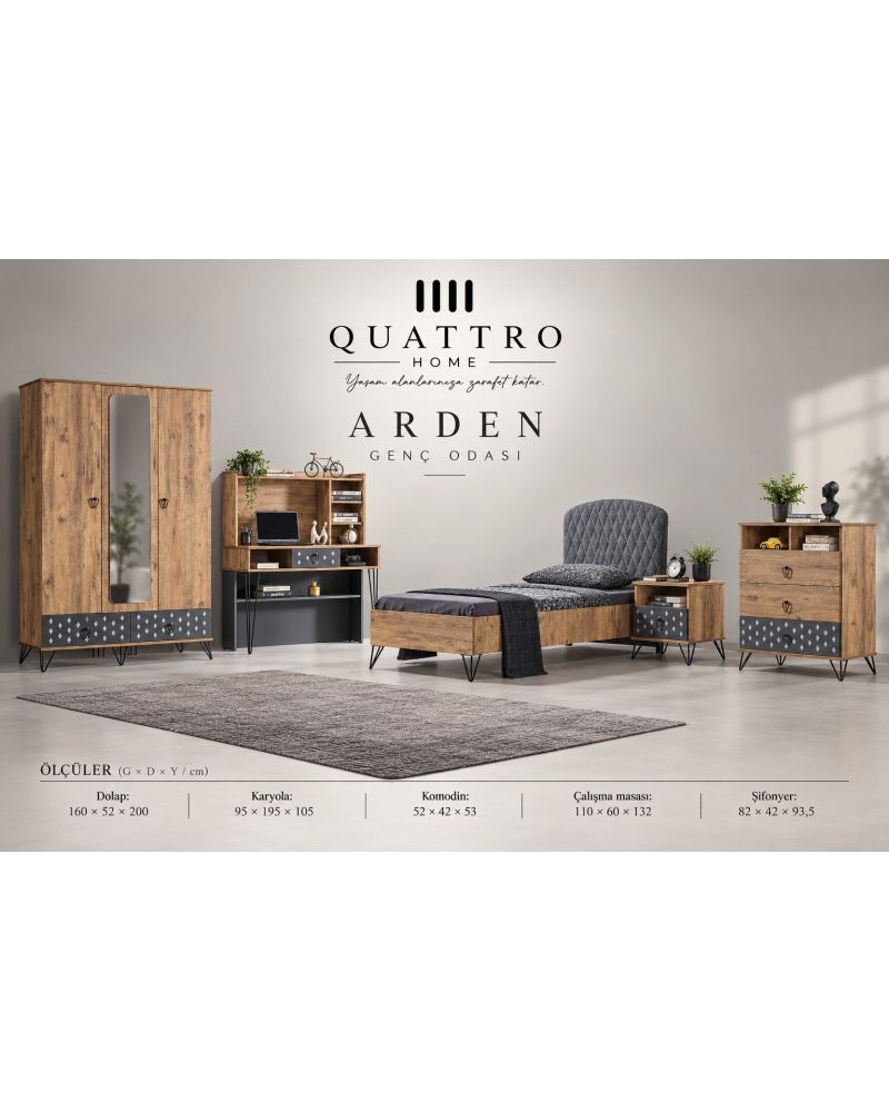 Arden Genç Odası Takımı-Dolap: 160 × 52 × 200 cm Karyola: 95 × 195 × 105 cm Komodin: 52 × 42 × 53 cm Çalışma Masası: 110 × 60 × 132 cm Şifonyer: 82 × 42 × 93,5 cm