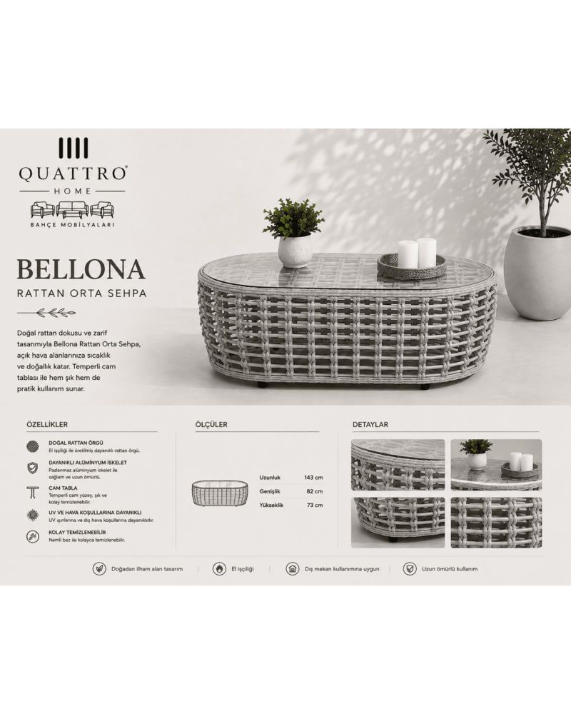 Bellona Rattan Bahçe Balkon Orta Sehpa Gri
