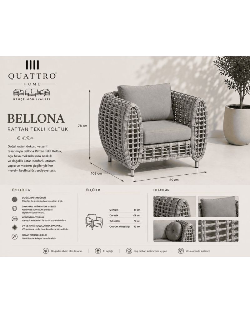 Bellona Rattan Bahçe Balkon Koltuğu Tekli Gri