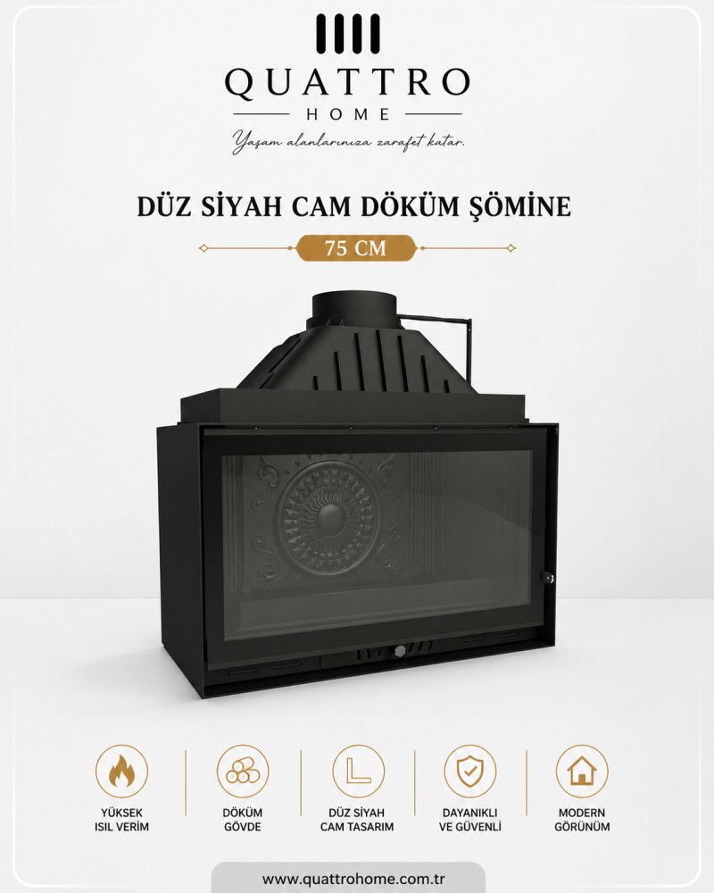Quattro Home 75 cm Düz Siyah Cam Döküm Şömine Haznesi – 10-14 kW