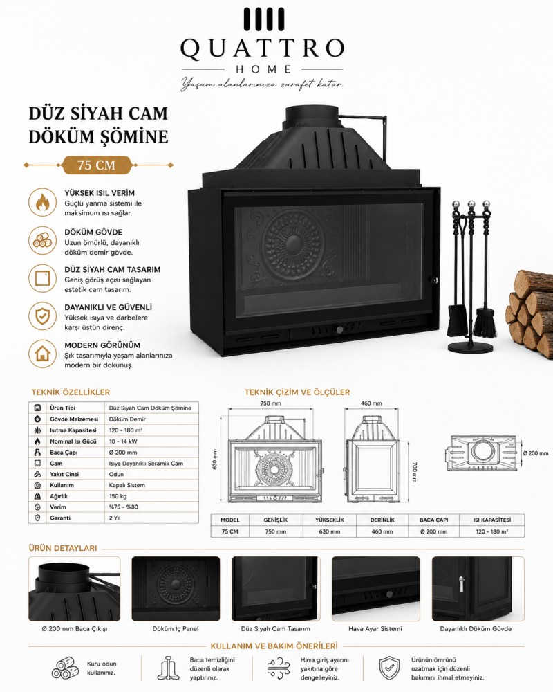 Quattro Home 75 cm Düz Siyah Cam Döküm Şömine Haznesi – 10-14 kW