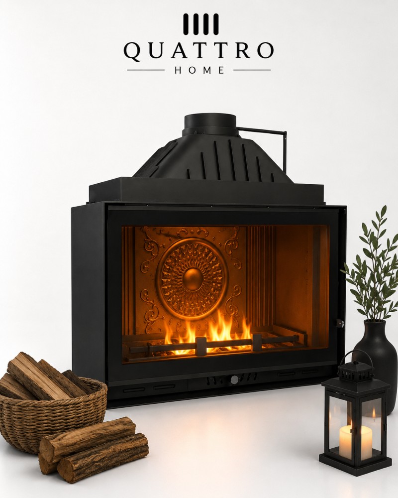 Quattro Home 75 cm Düz Siyah Cam Döküm Şömine Haznesi – 10-14 kW