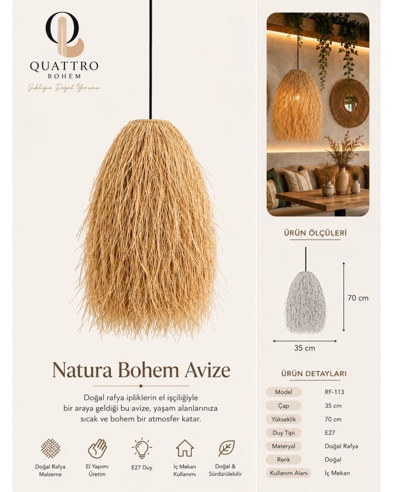 Natura Doğal Rafya Bohem Sarkıt Avize 35 × 70 cm – El Yapımı