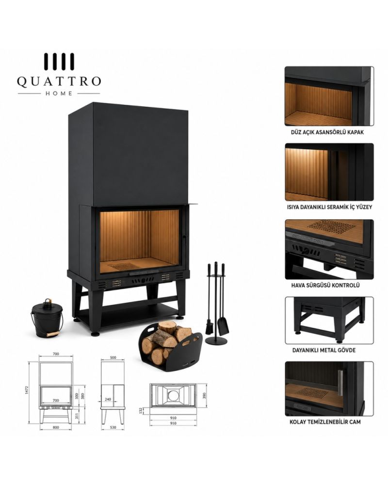 Quattro Home 80 cm Düz Açık Asansörlü Şömine Haznesi – 14-18 kW
