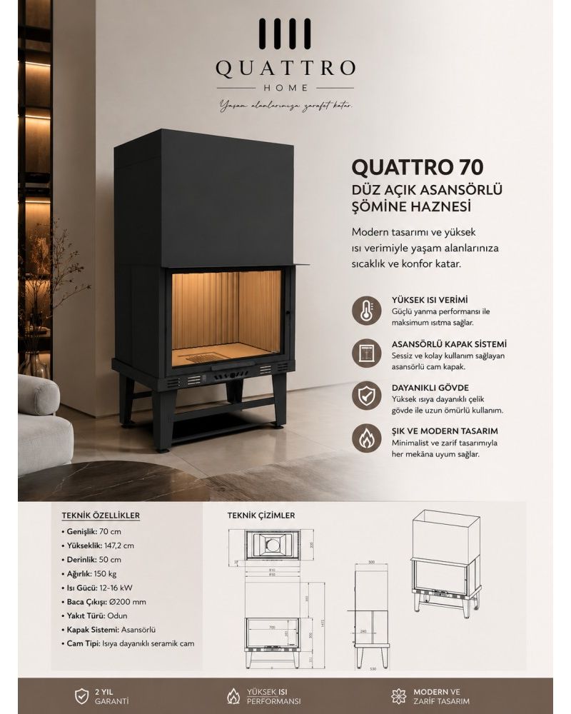 Quattro Home 70 cm Düz Açık Asansörlü Şömine Haznesi – 12-16 kW