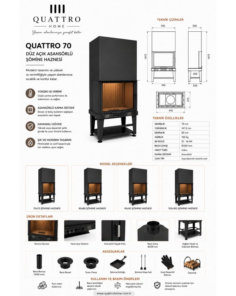 Quattro Home 70 cm Düz Açık Asansörlü Şömine Haznesi – 12-16 kW