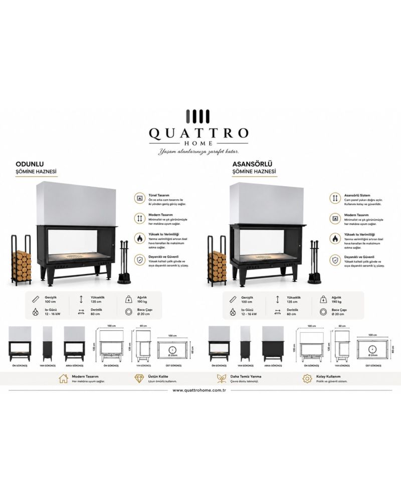 Quattro Home 100 cm Asansörlü Ön Arka Tünel Şömine Haznesi – Çift Taraflı 12-16 kW