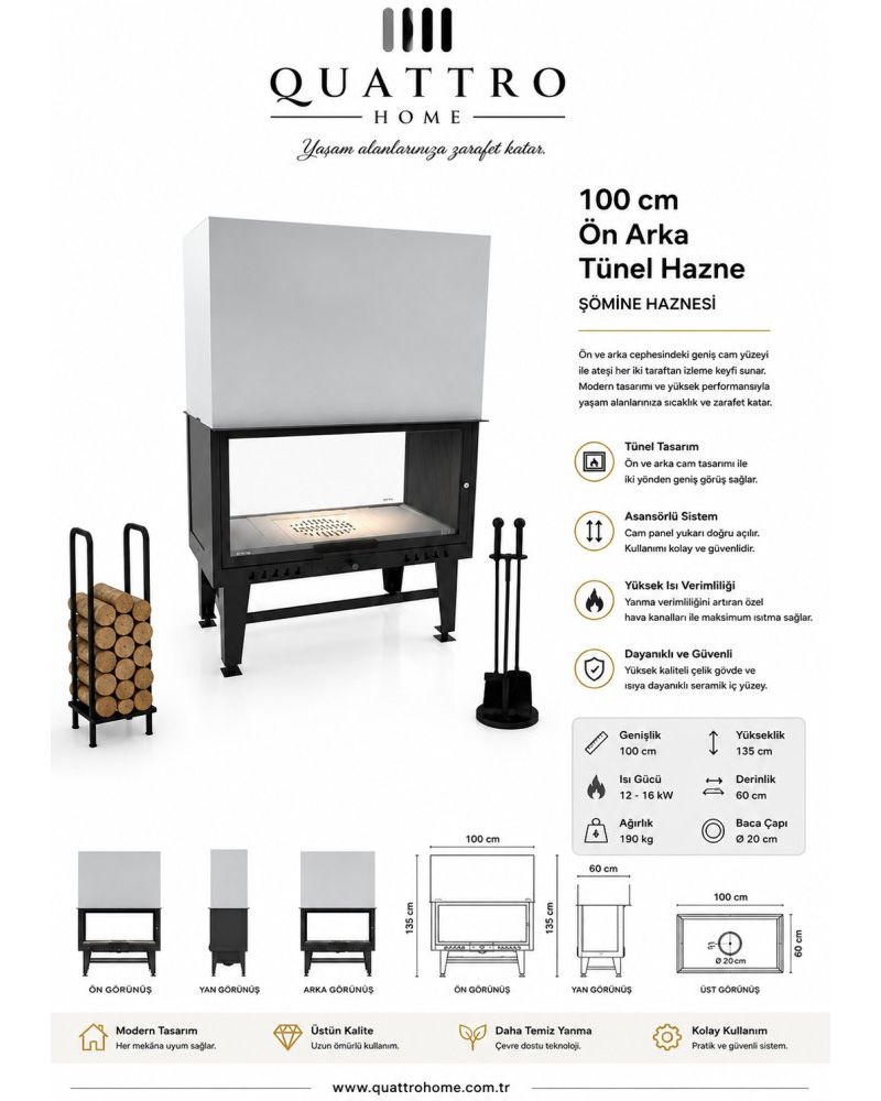 Quattro Home 100 cm Asansörlü Ön Arka Tünel Şömine Haznesi – Çift Taraflı 12-16 kW