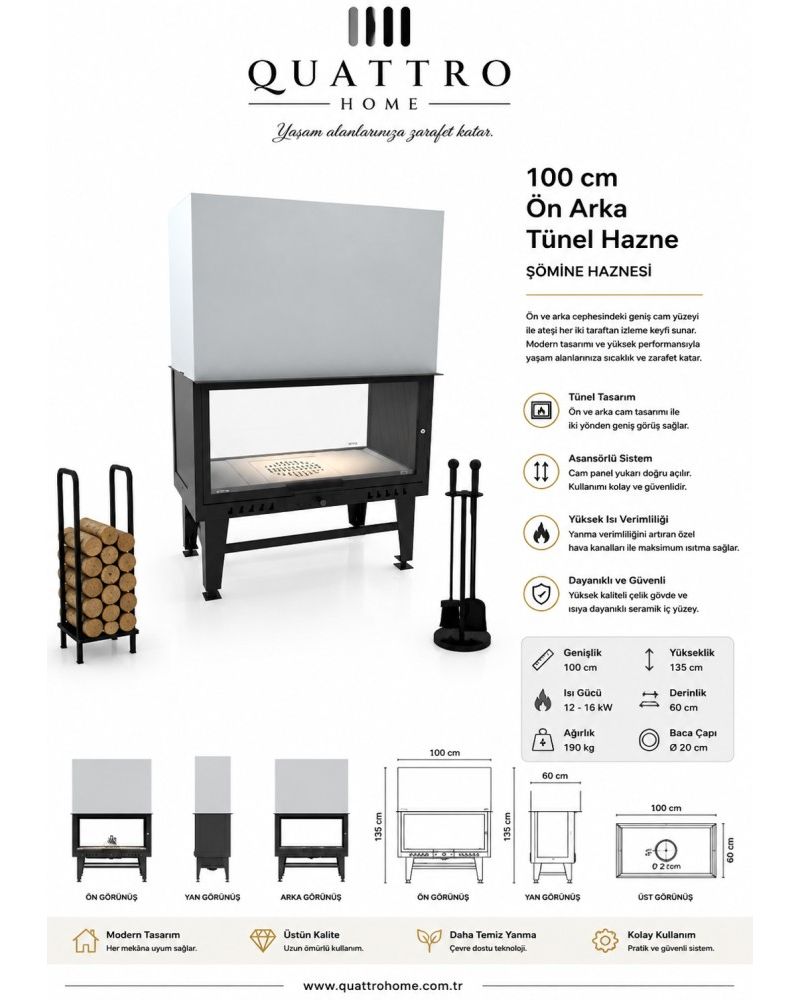 Quattro Home 100 cm Asansörlü Ön Arka Tünel Şömine Haznesi – Çift Taraflı 12-16 kW
