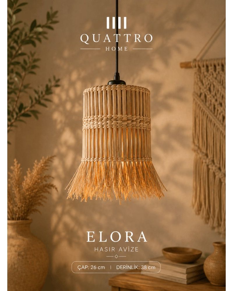 Elora Hasır Sarkıt Avize 26x38 cm El Yapımı Doğal Hasır Bohem Dekoratif Tavan Lambası