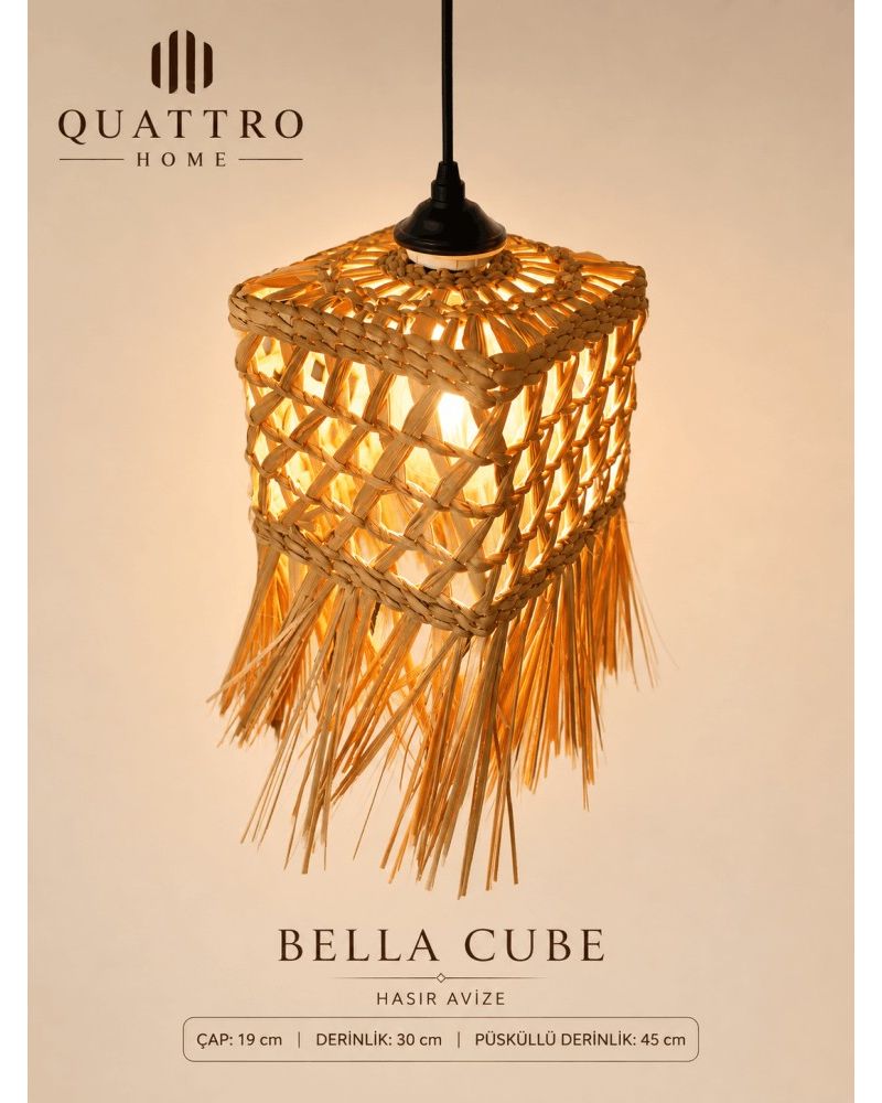 Bella Cube Püsküllü Hasır Avize 19x30 cm El Yapımı Doğal Hasır Bohem Dekoratif Tavan Lambası
