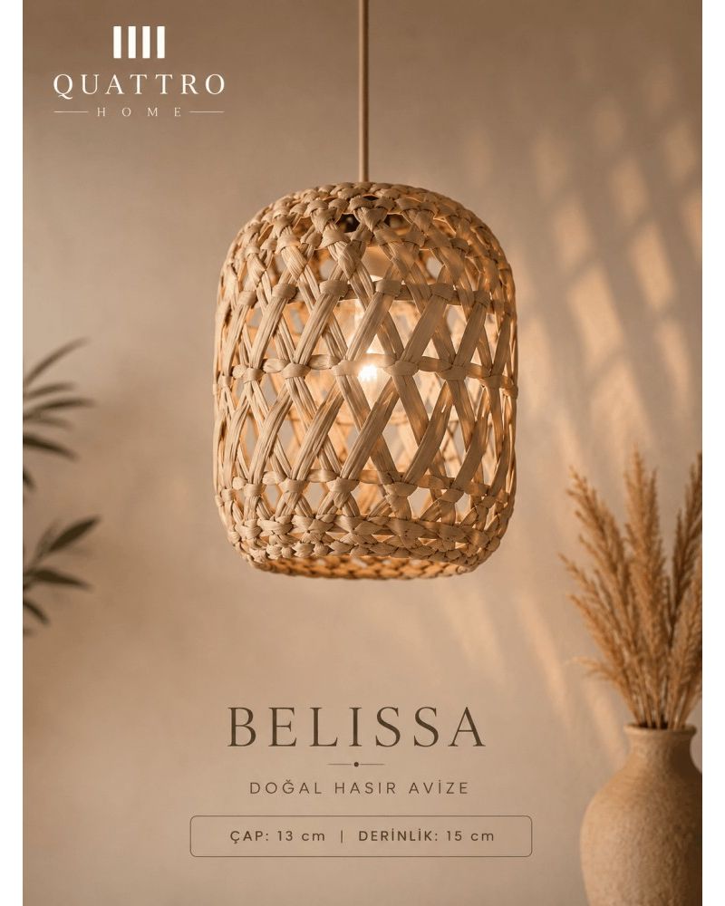 Belissa Hasır Sarkıt Avize 13x15 cm El Yapımı Doğal Bohem Dekoratif Tavan Lambası