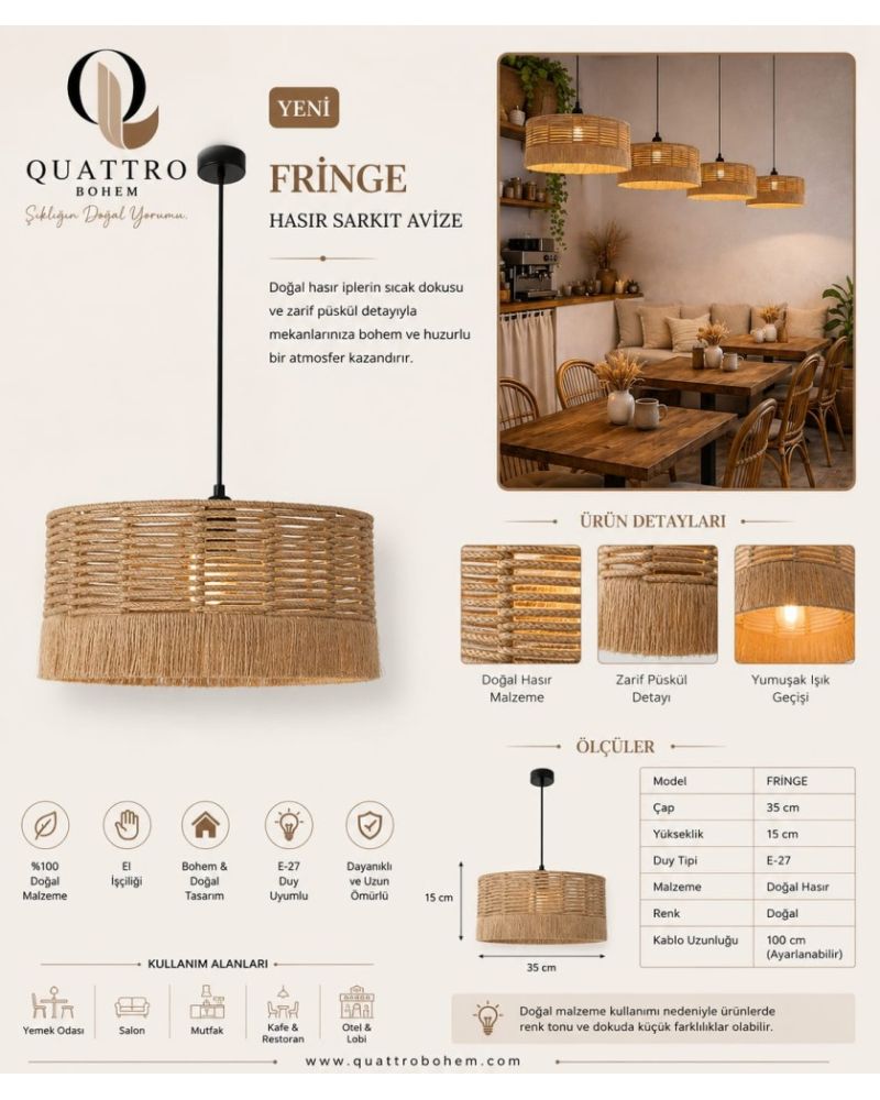 Fringe Hasır Sarkıt Avize 35x15 cm Doğal Hasır Püsküllü Bohem Tavan Aydınlatması