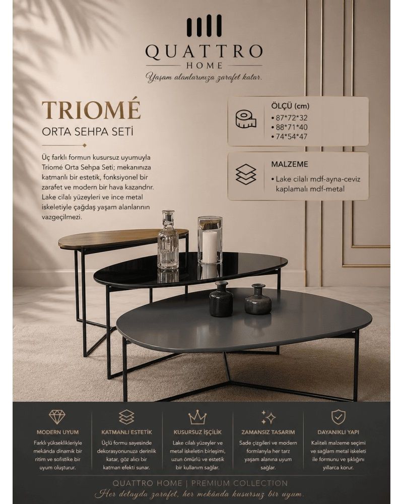 Triomé Organik Formlu Üçlü Orta Sehpa Seti Lake Cilalı MDF Aynalı Ceviz Kaplamalı Metal 87x72x32 88x71x40 74x54x47 cm